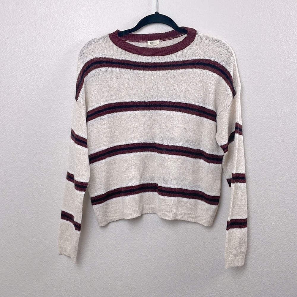 Garage burgundy black and cream striped knit sweater size PS